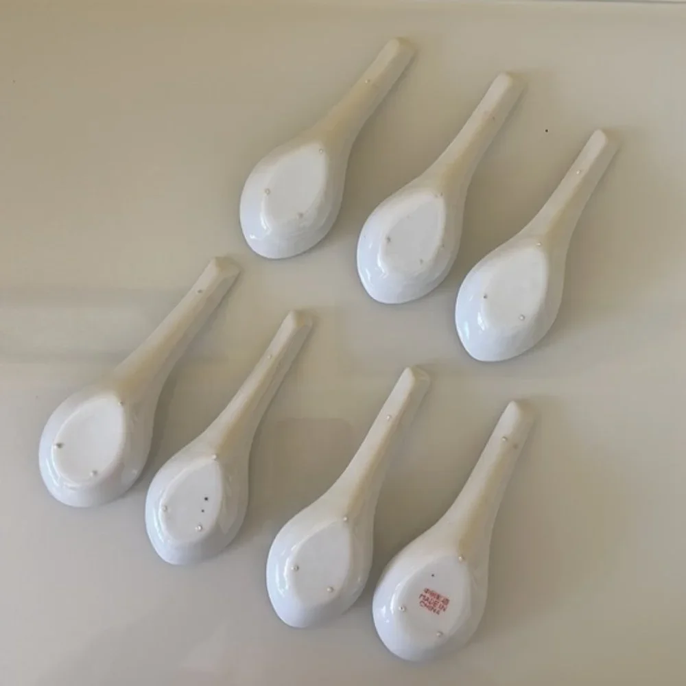 China Jingdezhen Wanshou Porcelain Soup Spoons Yellow Hand Painted Set of 7